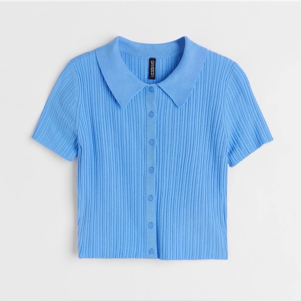 H&M Sky Blue Ribbed Short Sleeve Button-Down Top